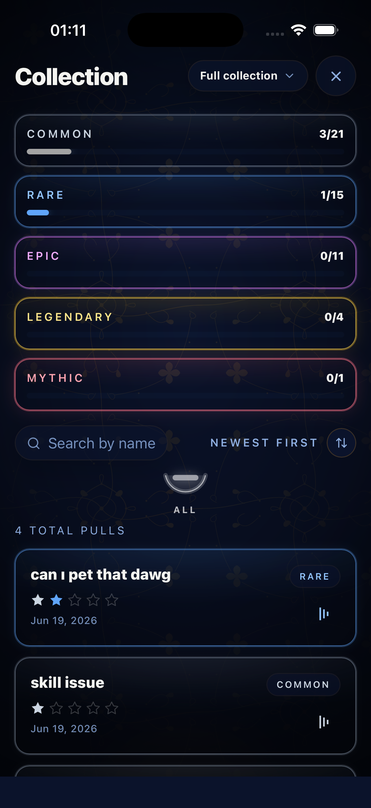 Pullin rare collection screen