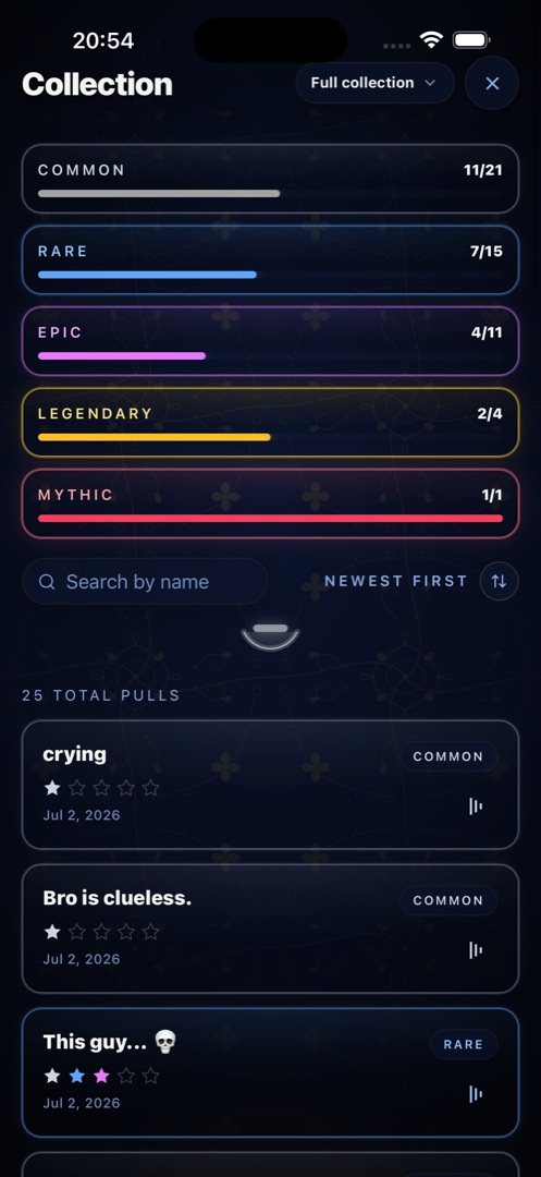 Rare Collection screen